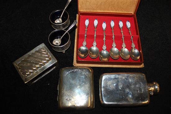 Silver hip flask, cigarette case, pr of salts etc